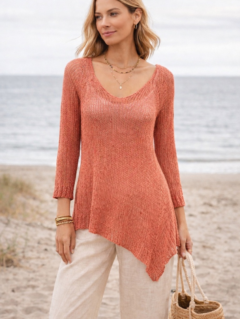 Eileen Fisher Coral Knit Asymmetrical Sweater Tunic Small Boho
